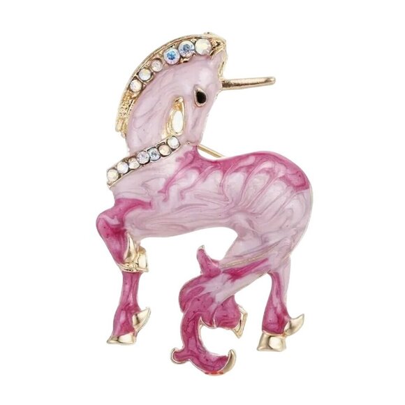 Unicorn Rhinestone Brooch Pink & Gold Enamel - Picture 1 of 2